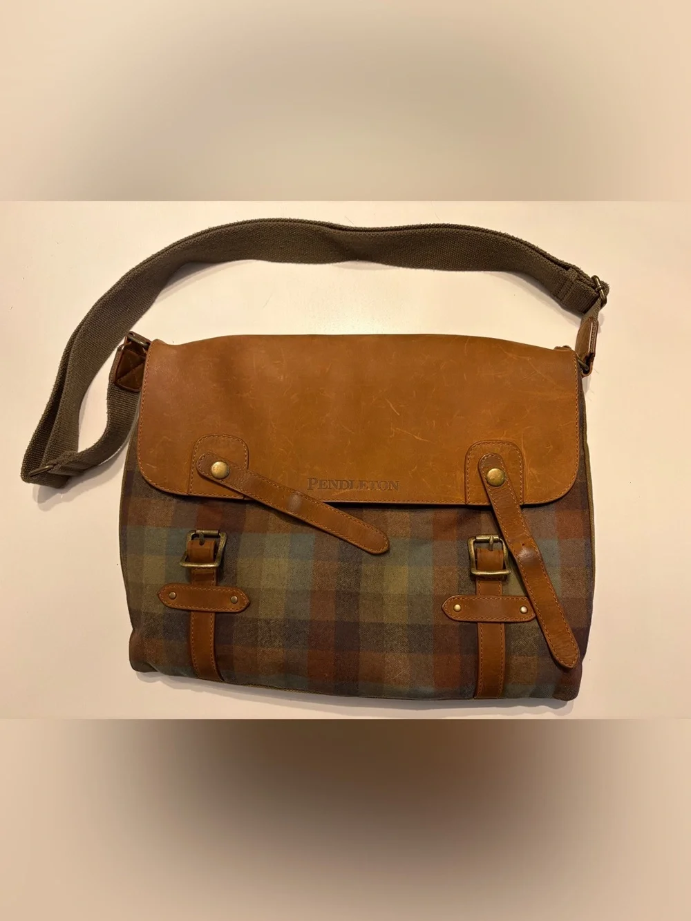 Pendleton Tan Leather-Trim Plaid Messenger Bag